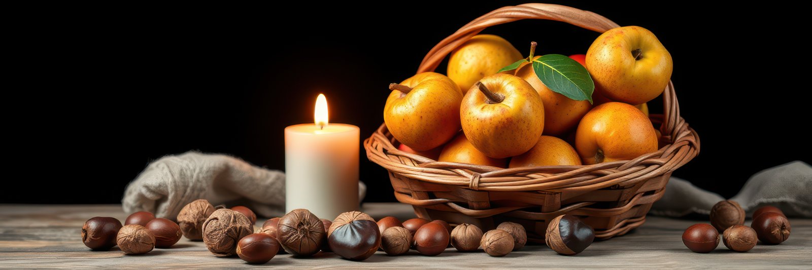 Warm autumn harvest with apples, nuts, and candlelight on a rustic table